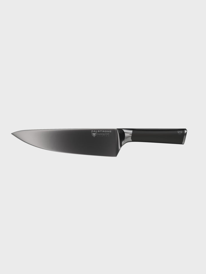 Dalstrong vanquish series 8 inch chef knife with black handle in all angles.