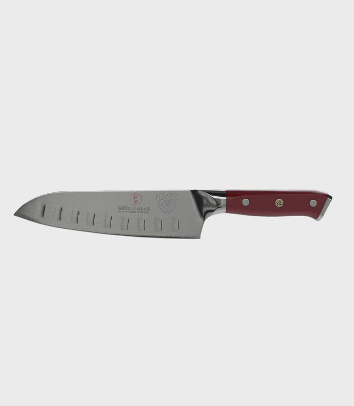Dalstrong shogun series 7 inch santoku knife with crimson red handle in all angles.
