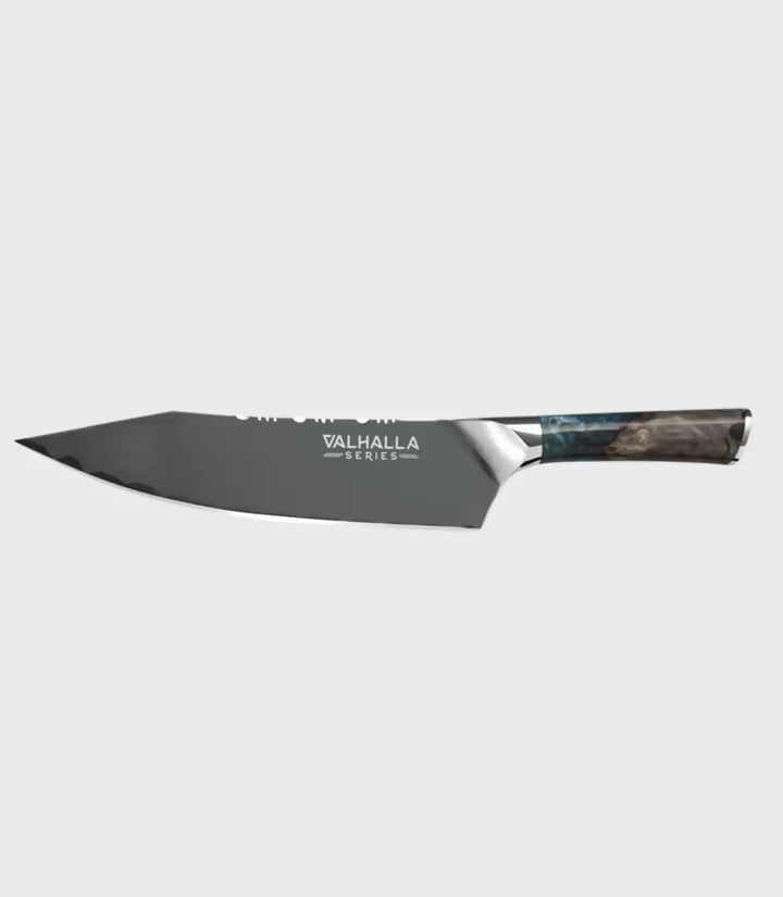 Dalstrong valhalla series 9.5 inch chef knife with wooden handle in all angles.