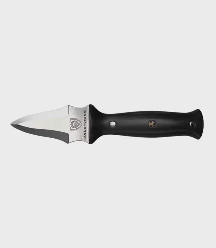 Dalstrong shogun series 3.5 inch oyster knife with black handle in all angles.
