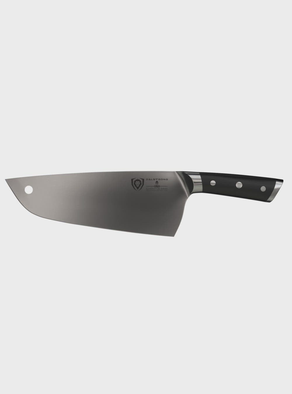 Dalstrong gladiator series 10 inch cleaver knife with black handle in all angles.