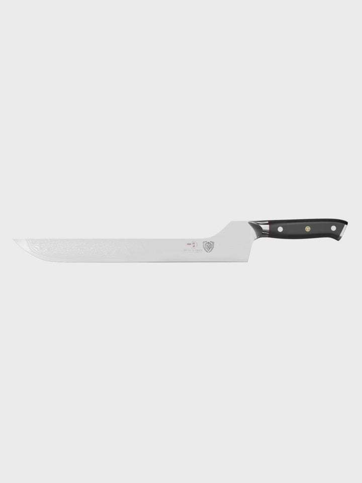 Dalstrong shogun series 12 inch offset slicer knife with black handle in all angles.