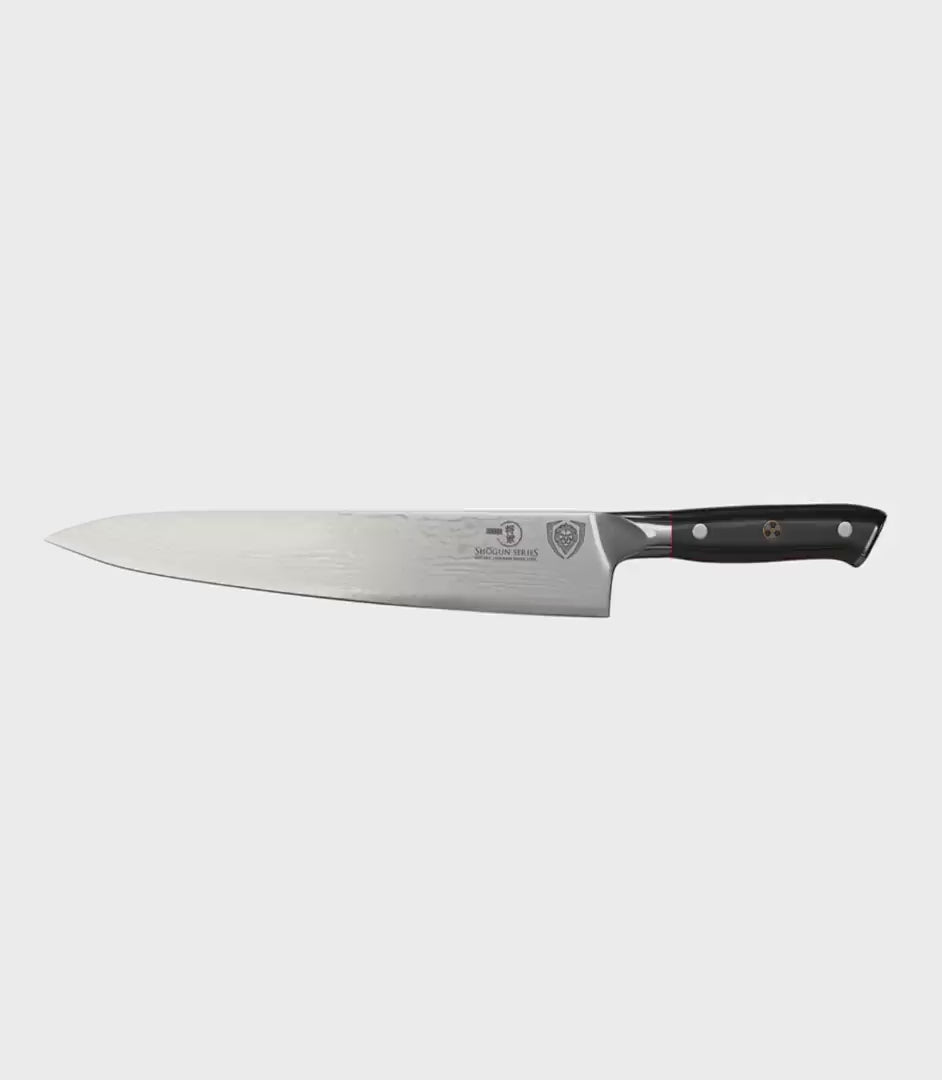 Dalstrong shogun series 9.5 inch chef knife with black handle in all angles.