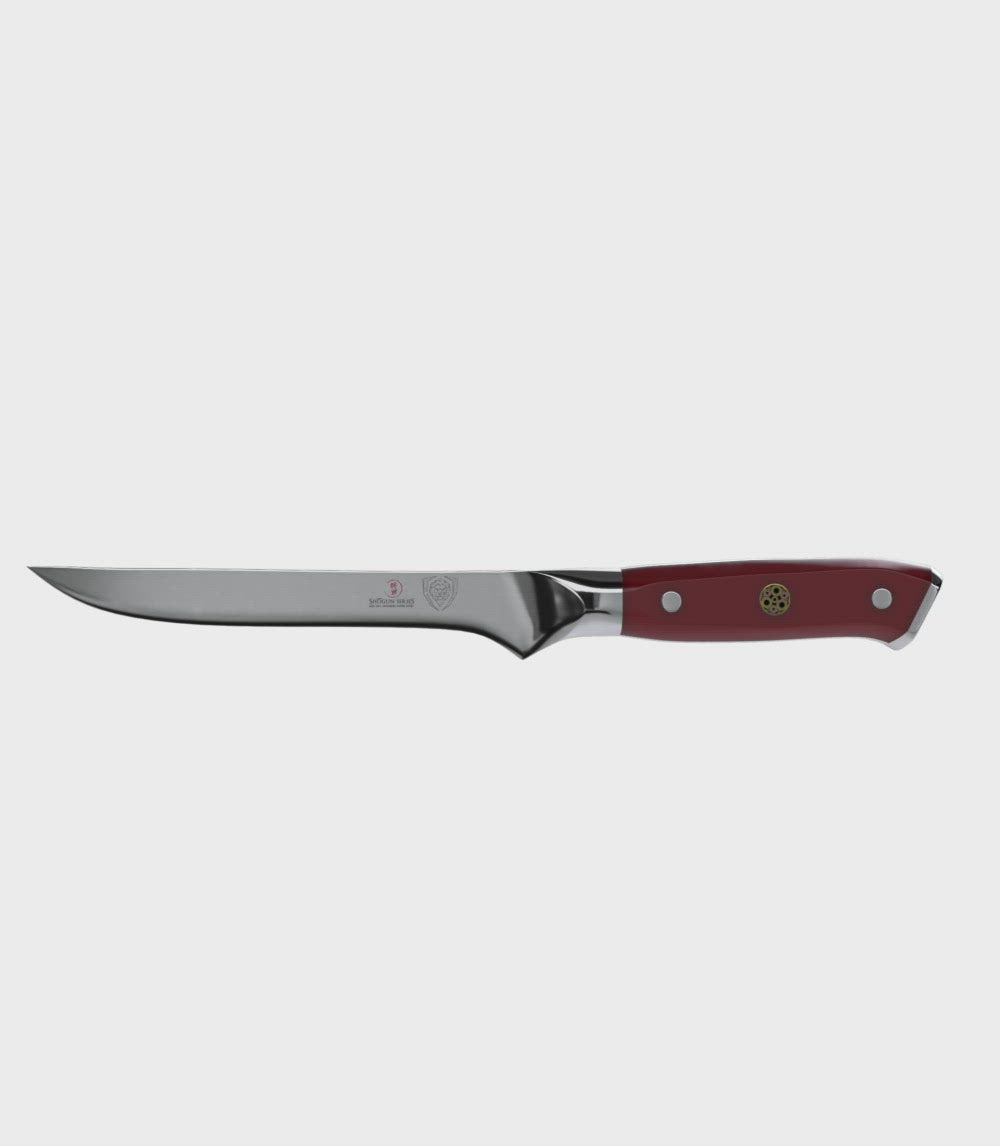 Dalstrong shogun series 6 inch boning knife with red handle in all angles.