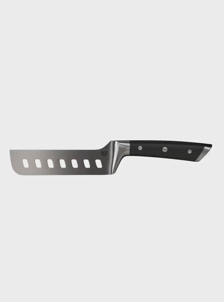 Dalstrong gladiator 6 inch offset nakiri knife with black handle in all angles.