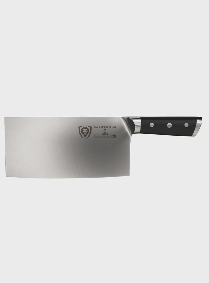 Dalstrong gladiator series 9 inch chinese cleaver with black handle in all angles.