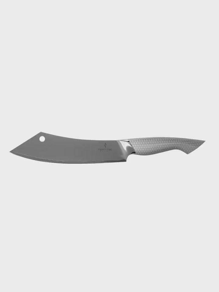 Dalstrong frost fire series 8 inch crixus cleaver knife in all angles.