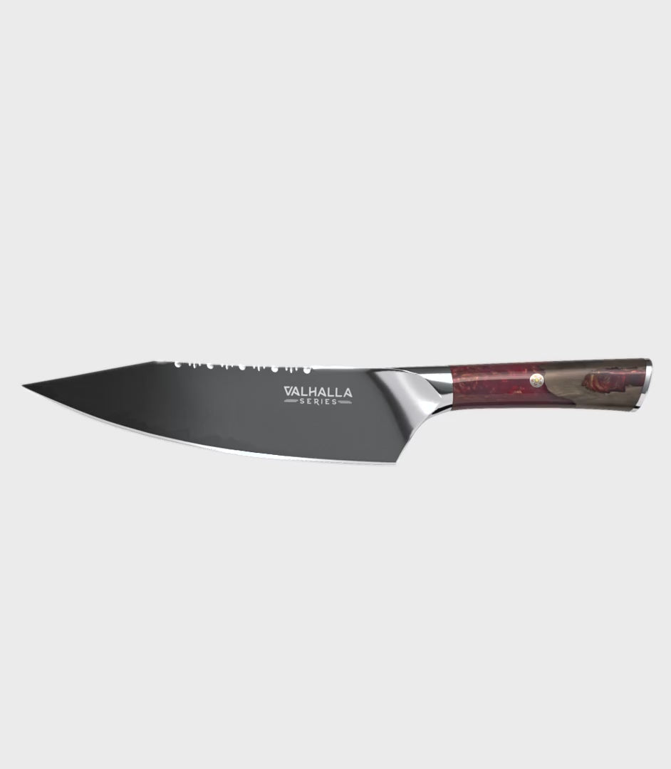 Dalstrong valhalla series 8 inch chef knife with red handle in all angles.