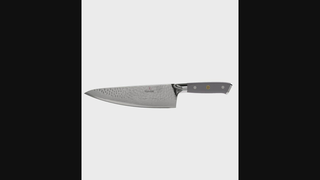 Dalstrong shogun series 8 inch chef knife with smokey gray handle in all angles.