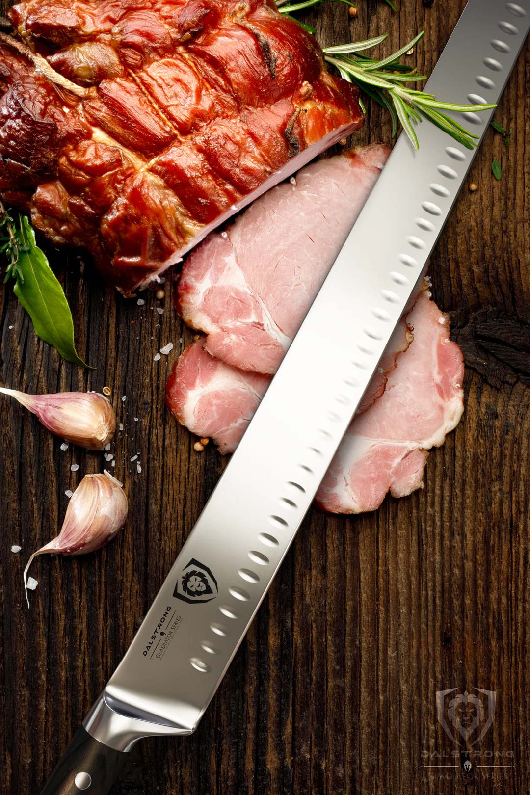 Dalstrong gladiator series 14 inch long slicer knife with black handle and a sliced meat on a wooden table.