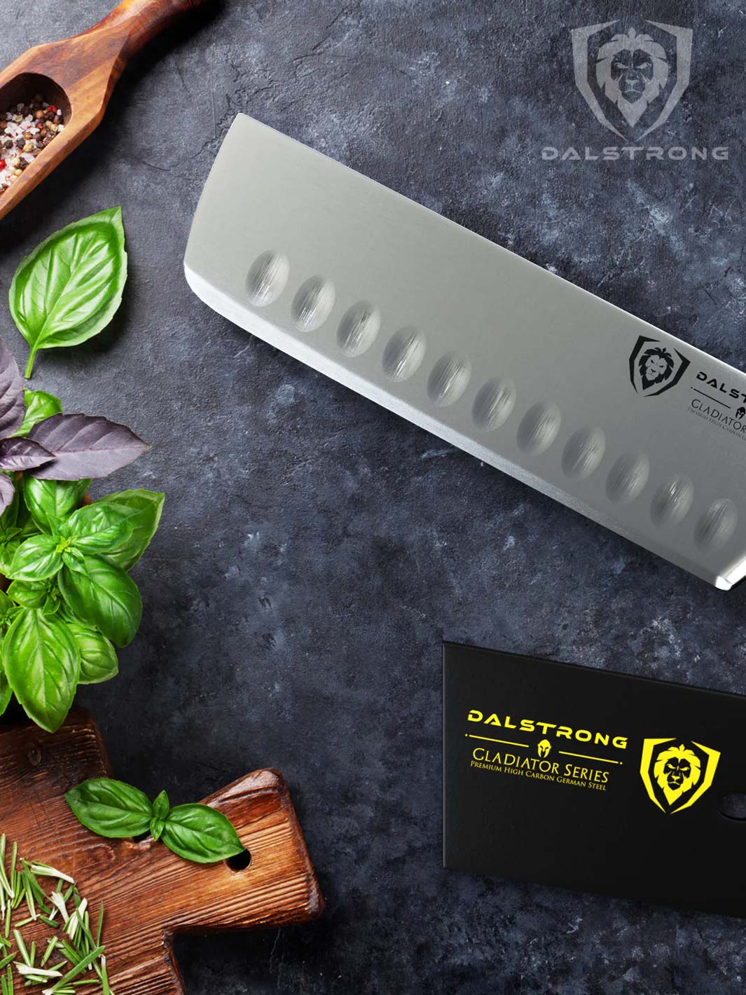 Dalstrong gladiator series 7 inch nakiri knife with black sheath and green leaves on the side.