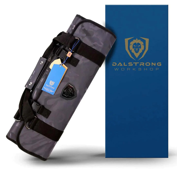 Dalstrong ballistic series graphite black knife roll in front of it's premium packaging.
