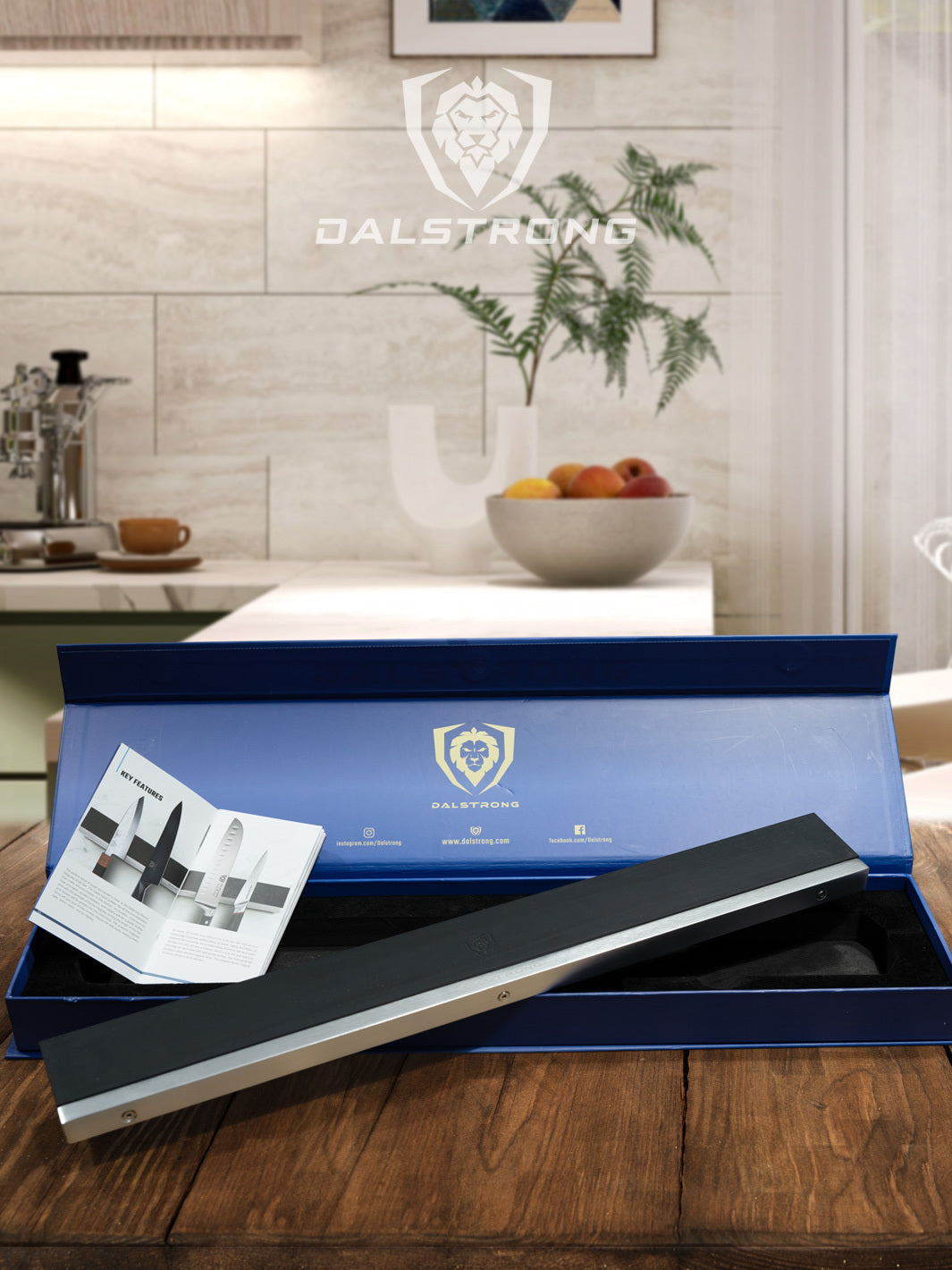 Dalstrong magnetic bar silicone wall knife holder outiside it's premium packaging.