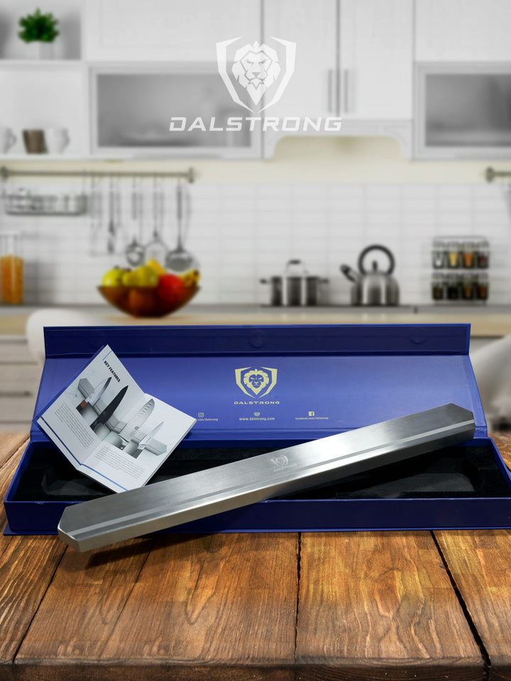 Dalstrong magnetic bar stainless wall knife holder outside it's premium packaging.