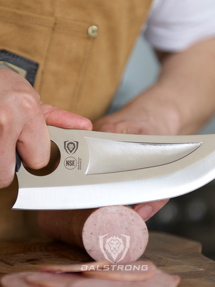 A man slicing a sausage using the dalstrong gladiator series 7 inch venator knife.