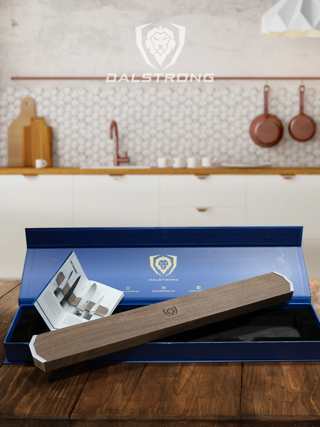 Dalstrong magnetic bar walnut wall knife holder outside it's premium packaging.